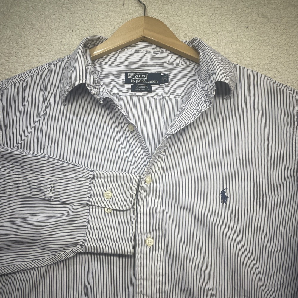Polo Ralph Lauren Shirt Mens 17 34/35 Blue Andrew Striped Button Down Cotton